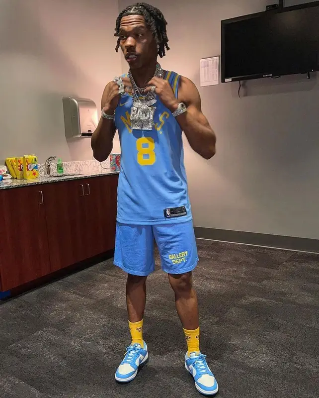 Lil Baby outfit in Nike and Gallery Dept., 2021