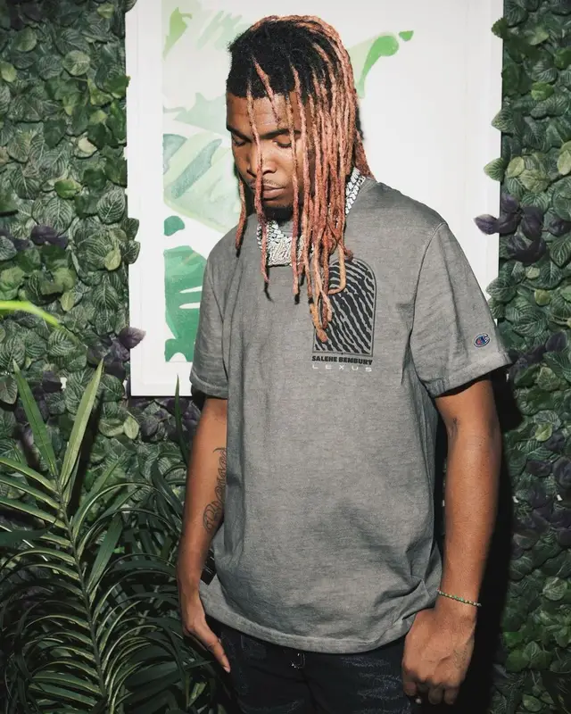 Lil Keed outfit in Lexus, Skins, and Nike, 2021
