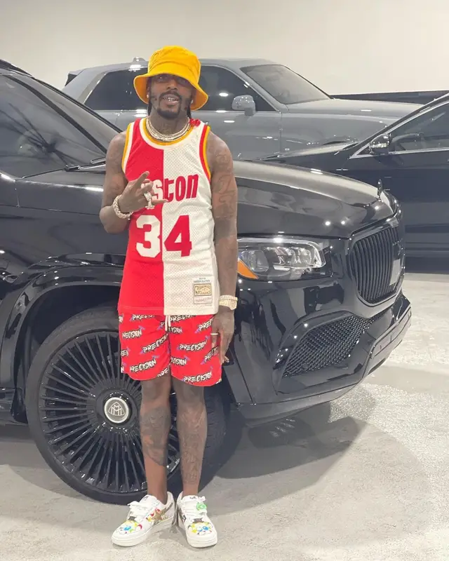 Sauce Walka outfit in Mitchell & Ness, Precision Indigo, and Drew House, 2021