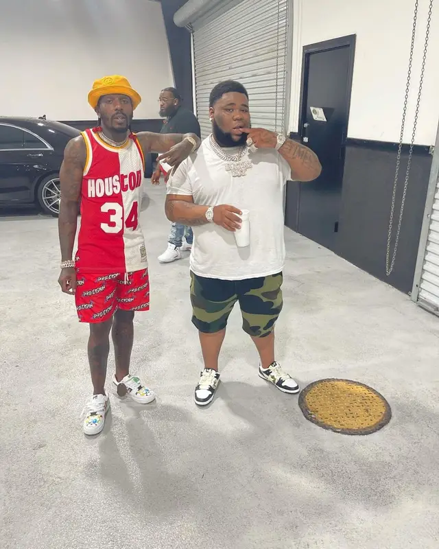 Sauce Walka outfit in Mitchell & Ness, Precision Indigo, and Drew House, 2021