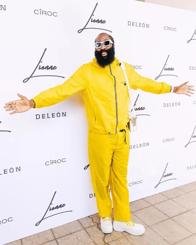 James Harden outfit in Prada, Bottega Veneta, and Louis Vuitton, 2021