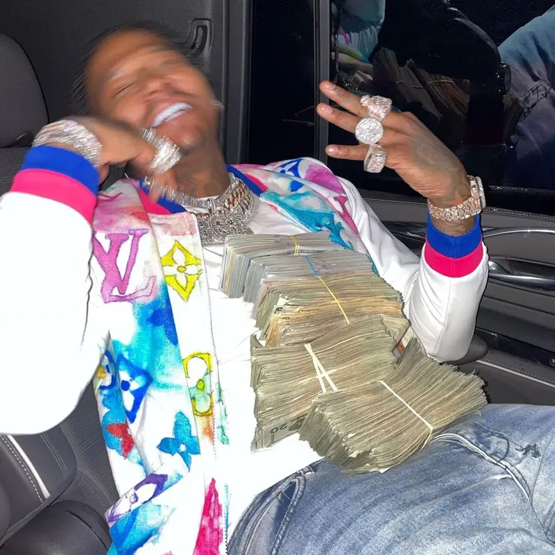 Moneybagg Yo outfit in Amiri and Louis Vuitton, 2021