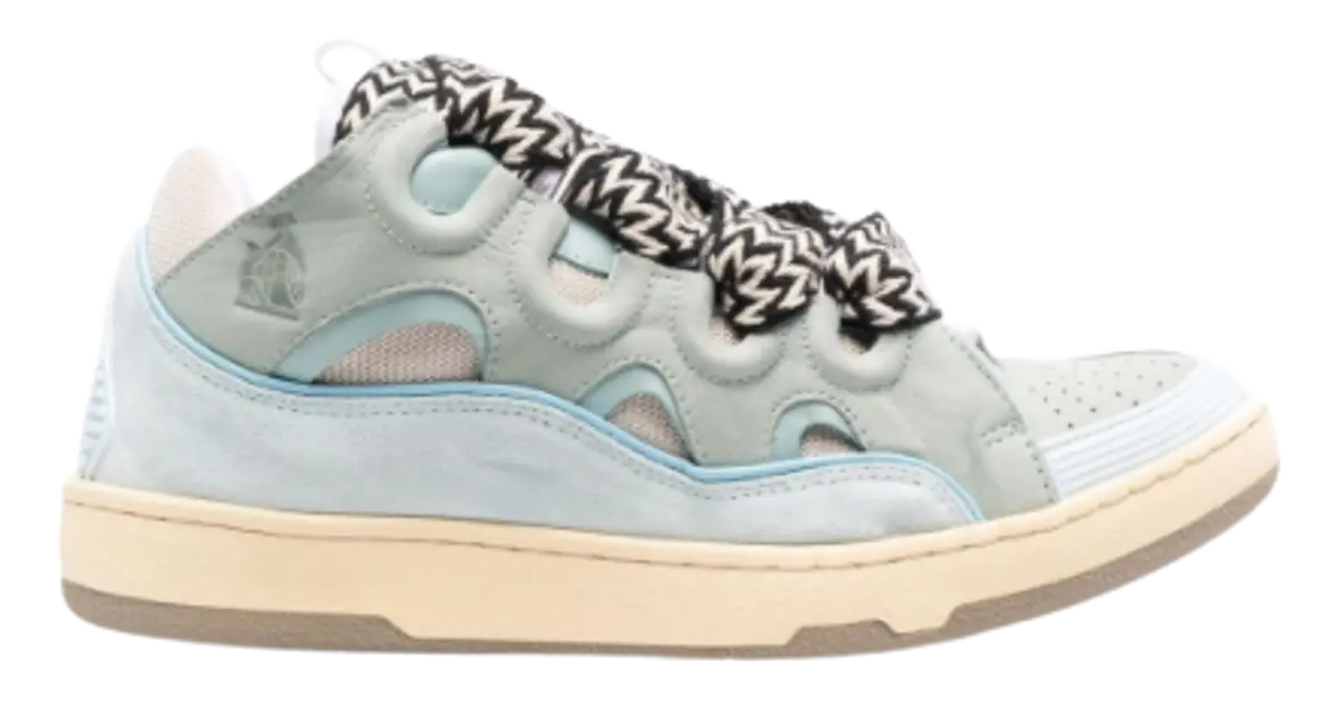 Lanvin Buttoned Curb Cyan Suede And Leather Blue Sneakers $834