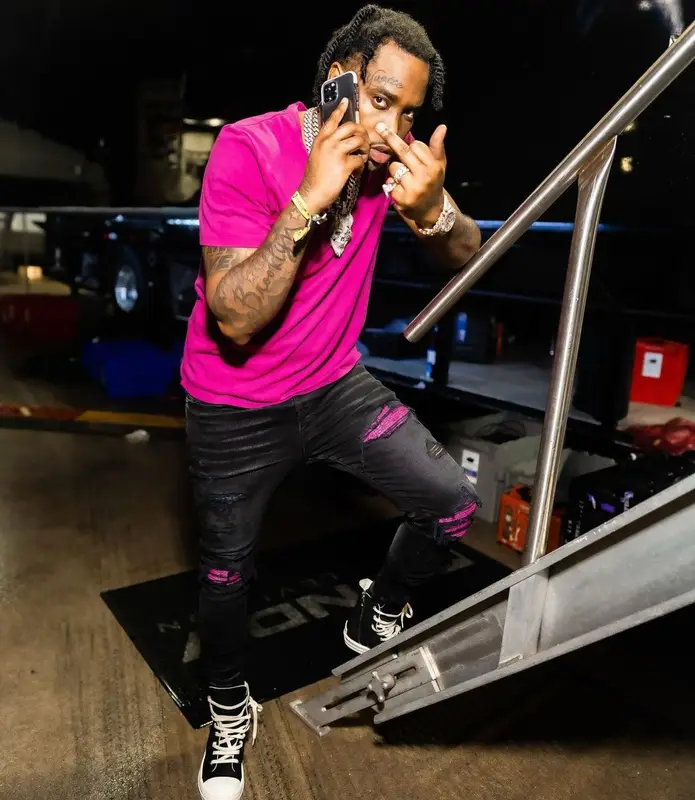 Fivio Foreign outfit in Saint Laurent, Amiri, and Rick Owens, 2021