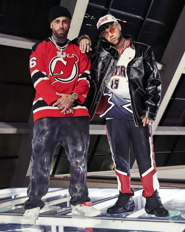 Nicky Jam outfit in New Jersey Devils, Alexander McQueen, and Nike, 2021