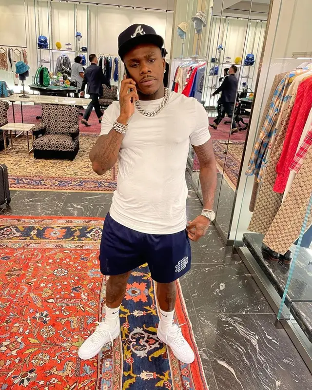 DaBaby outfit in Eric Emanuel, New Era, and Nike, 2021