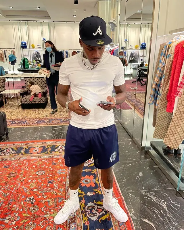 DaBaby outfit in Eric Emanuel, New Era, and Nike, 2021