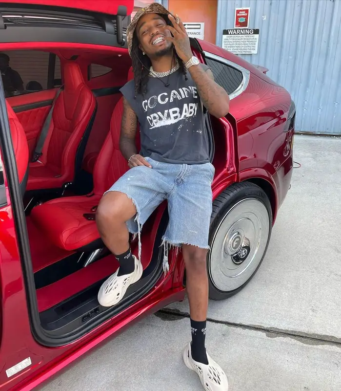 Quavo outfit in Troubled Humans, Gallery Dept., and Yeezy, 2021