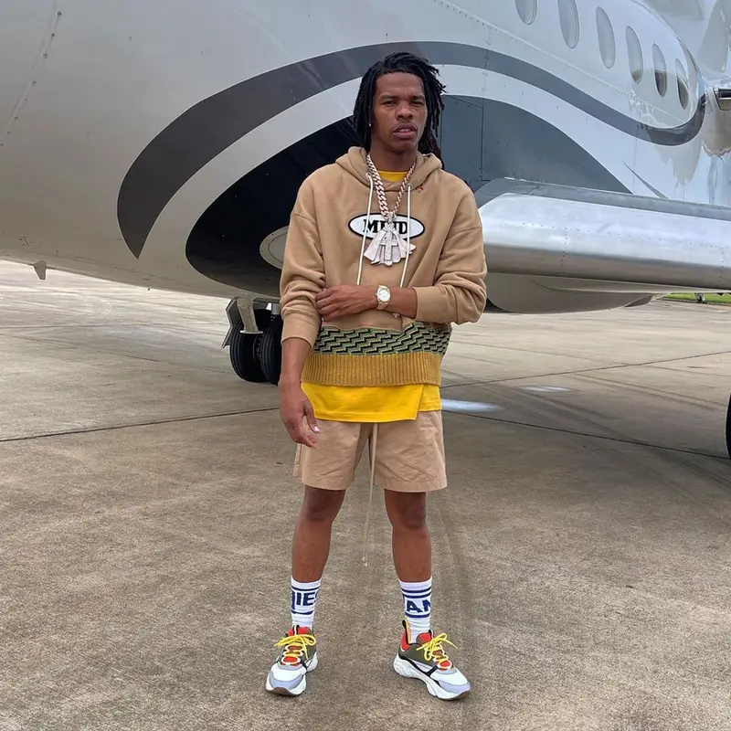 Lil Baby outfit in Balenciaga, Palm Angels, and Fear of God, 2021