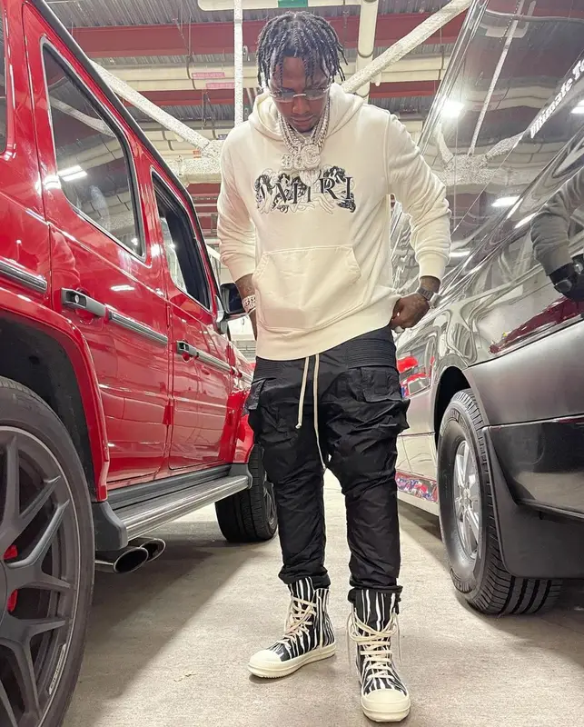 Moneybagg Yo outfit in Amiri, Rick Owens, and Cartier, 2021