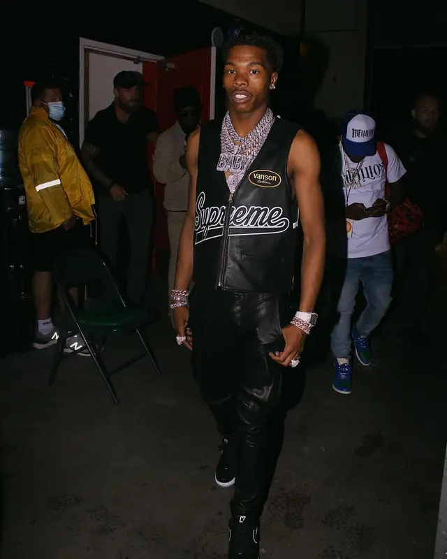 Lil Baby outfit in Supreme, Amiri, and Nike, 2021
