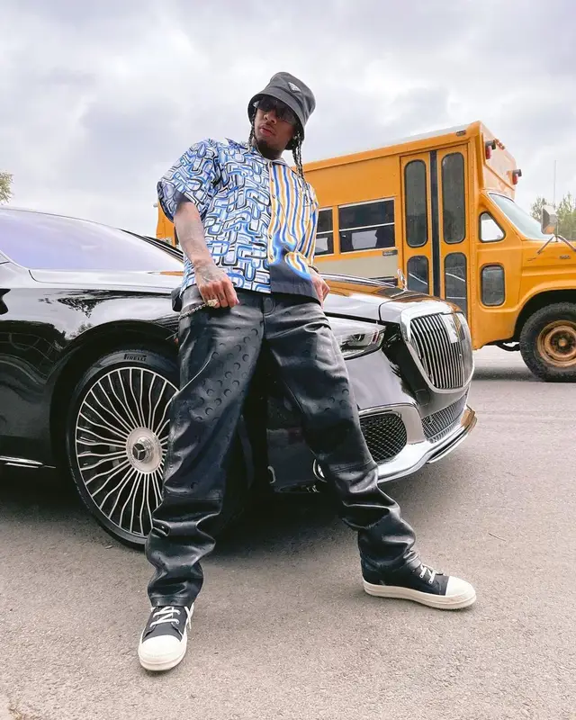 Tyga outfit in Marine Serre, Rick Owens, and Prada, 2021