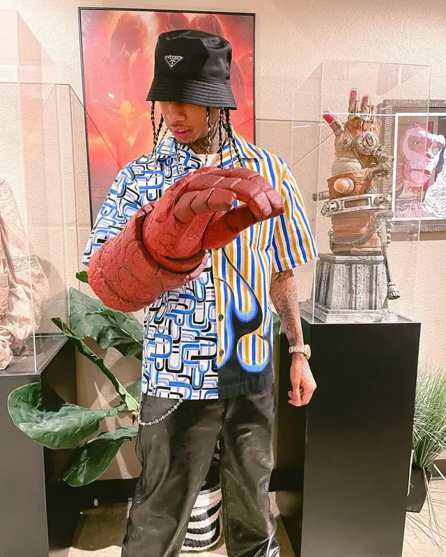 Tyga outfit in Marine Serre, Rick Owens, and Prada, 2021