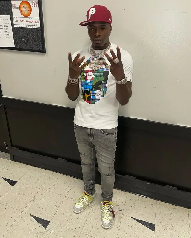 Bankroll Freddie outfit in Bape, New Era, and Philadelphia Phillies, 2021
