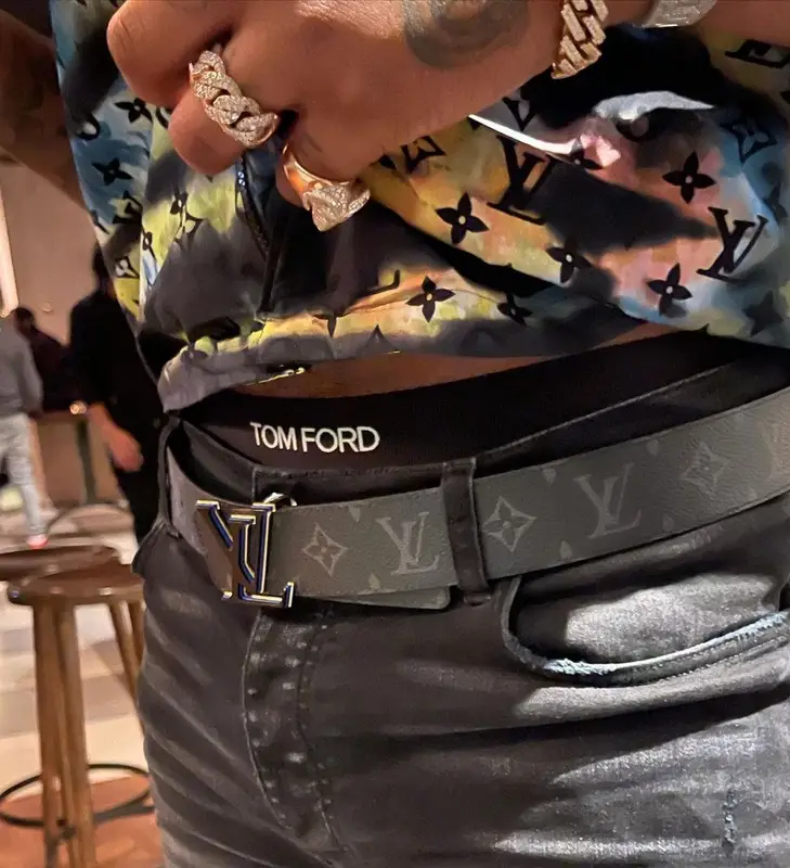 Fivio Foreign outfit in Amiri, Louis Vuitton, and Tom Ford, 2021