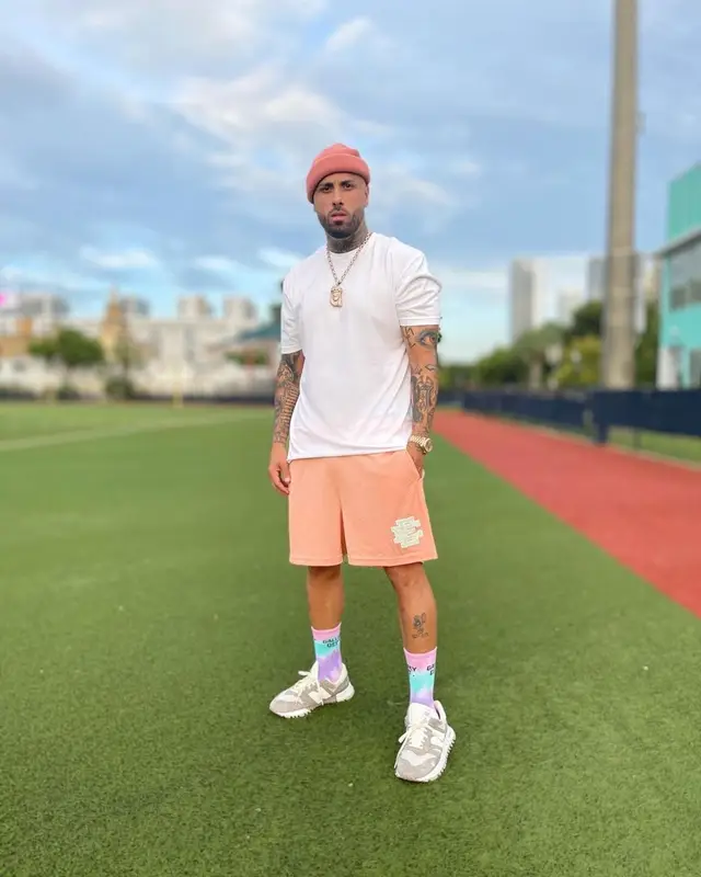 Nicky Jam outfit in Eric Emanuel, New Balance, and Gallery Dept., 2021