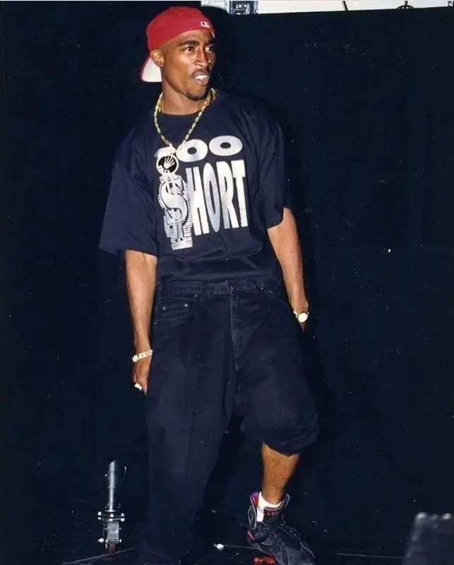2Pac outfit in Too Short Merch, Karl Kani, and New Era, 1993