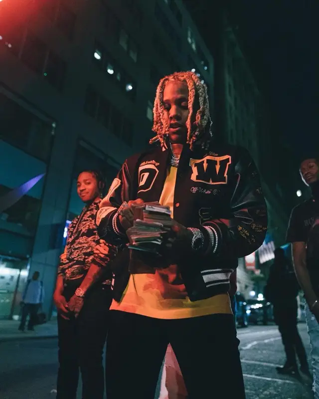 Lil Durk outfit in Off-White, Dior, and Amiri, 2021