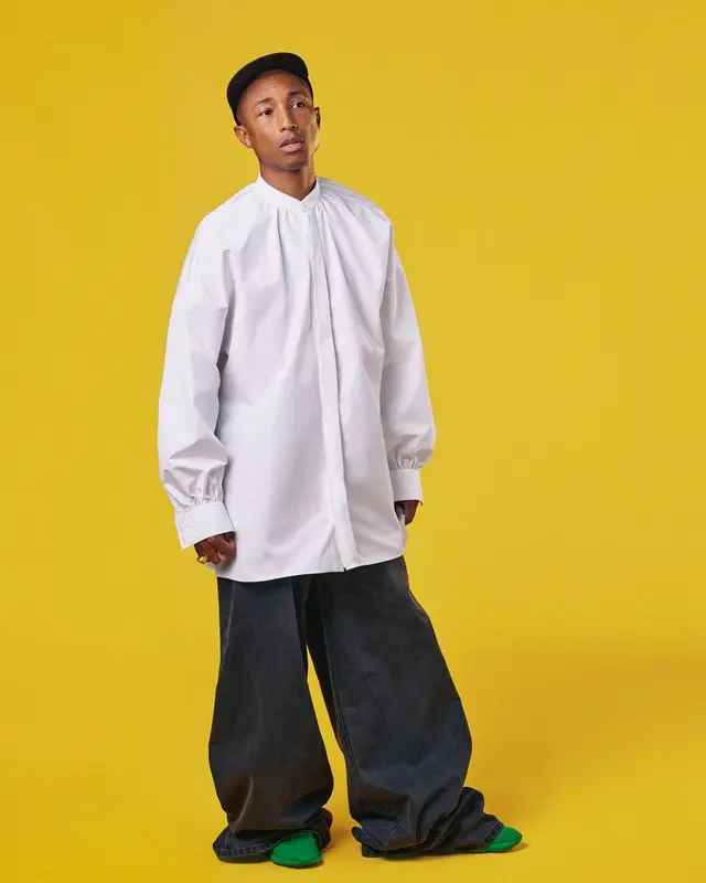 Pharrell Williams outfit in Alexander McQueen, Raf Simons, and Human Made, 2021