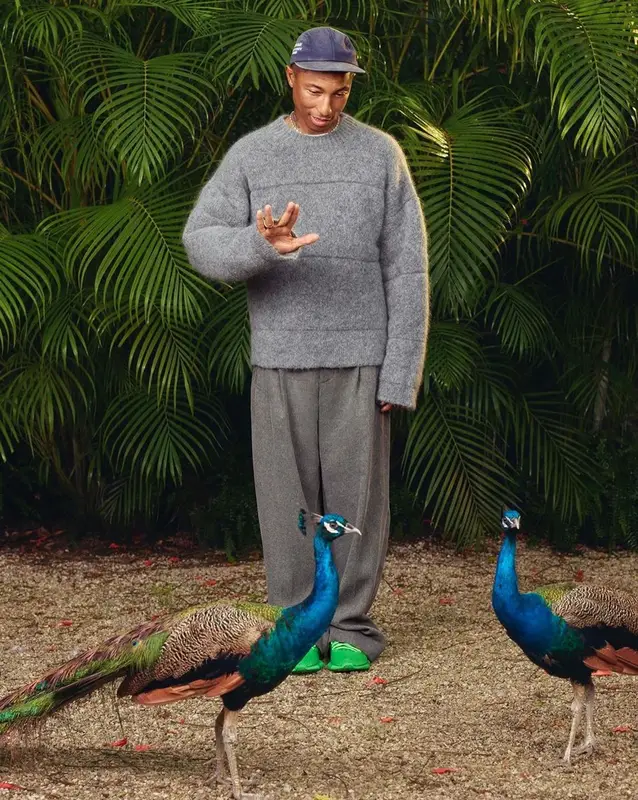 Pharrell Williams outfit in Jacquemus, Adidas, and Human Made, 2021