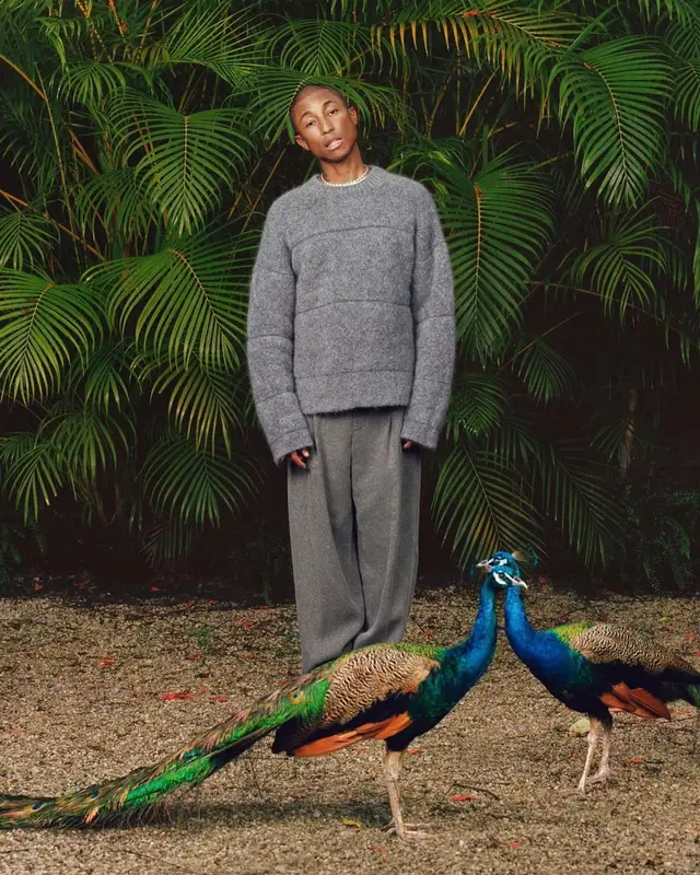 Pharrell Williams outfit in Jacquemus, Adidas, and Human Made, 2021
