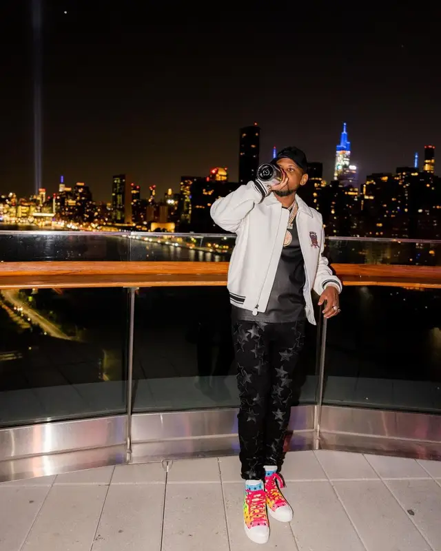 Fabolous outfit in Avirex, Chemist, and Amiri, 2021