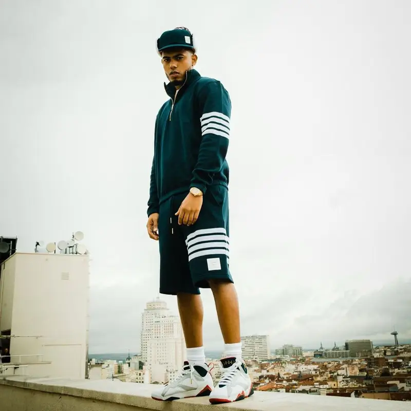 Myke Towers outfit in Jordan and Thom Browne, 2021