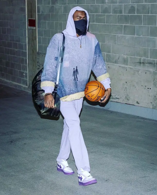 Jaylen Brown outfit in Starving Brand, Louis Vuitton, and Spalding, 2021