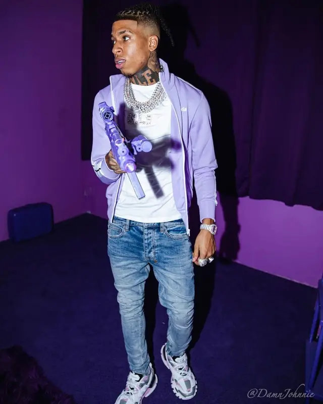 NLE Choppa outfit in Palm Angels, Hanes, and Amiri, 2021