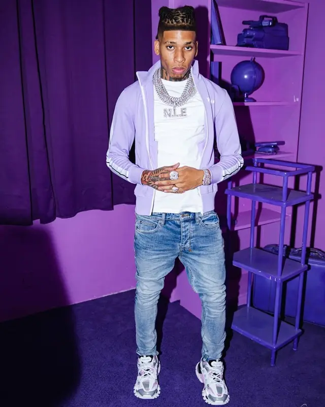 NLE Choppa outfit in Palm Angels, Hanes, and Amiri, 2021