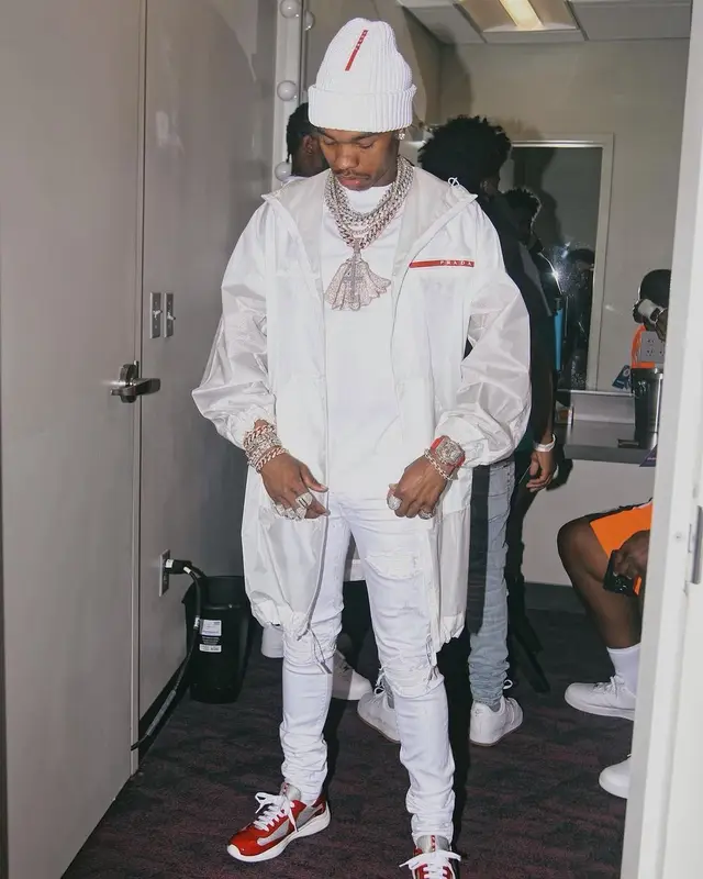 Lil Baby outfit in Amiri and Prada, 2021