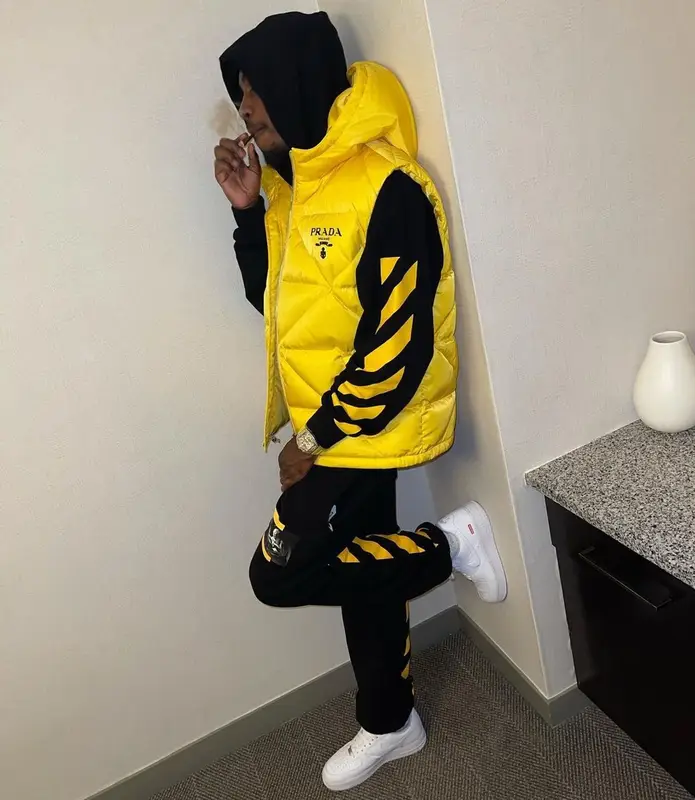 Lil Tjay outfit in Prada, Off-White, and Supreme, 2021
