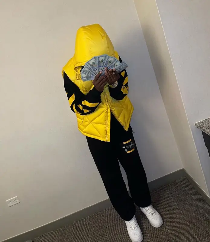 Lil Tjay outfit in Prada, Off-White, and Supreme, 2021