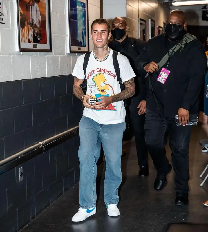 Justin Bieber outfit in WyCo Vintage, Polite Worldwide, and Ian Charms, 2021