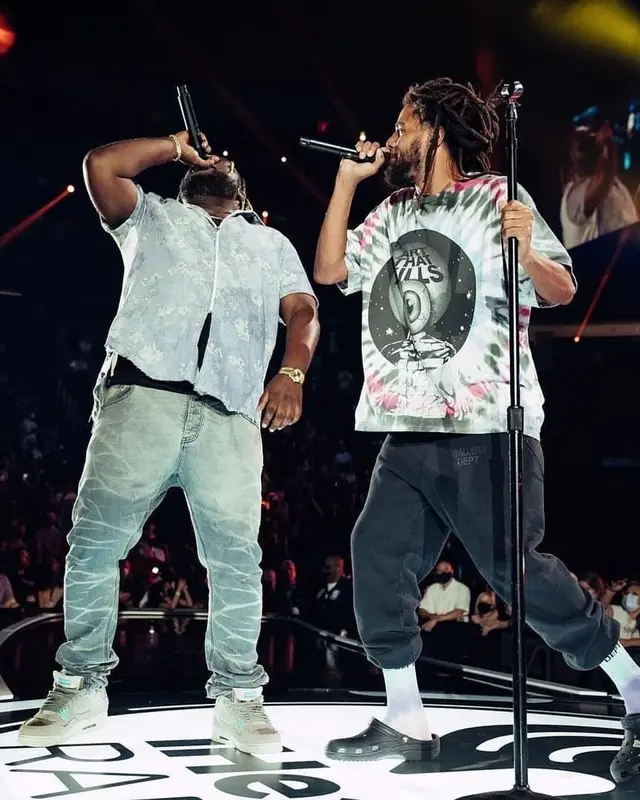 J. Cole outfit in Gallery Dept. and Crocs, 2021