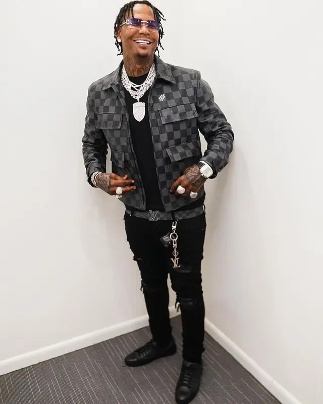 Moneybagg Yo outfit in Louis Vuitton, Amiri, and Cartier, 2021