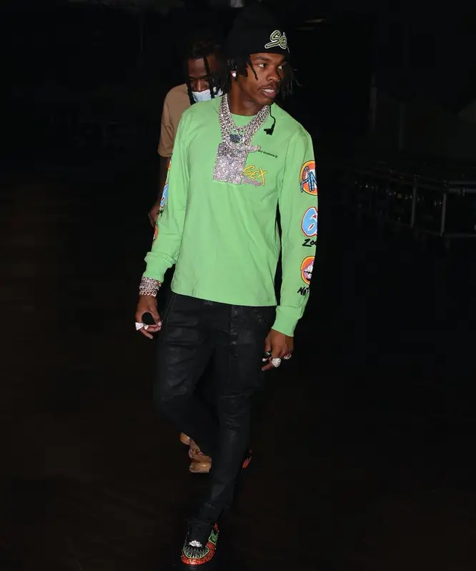 Lil Baby's Outfit in Matty Boy T-Shirt, Rick Owens Pants & Chrome