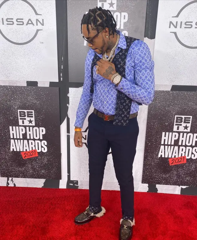 Fivio Foreign outfit in Louis Vuitton, 2021