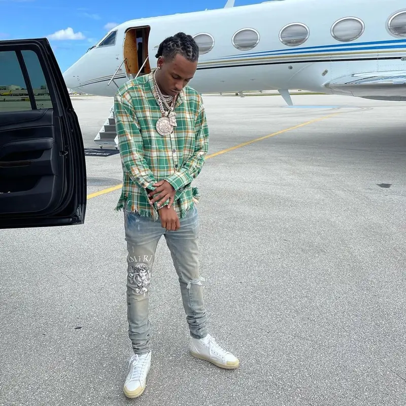 Rich The Kid outfit in Greg Lauren, Amiri, and Saint Laurent, 2021