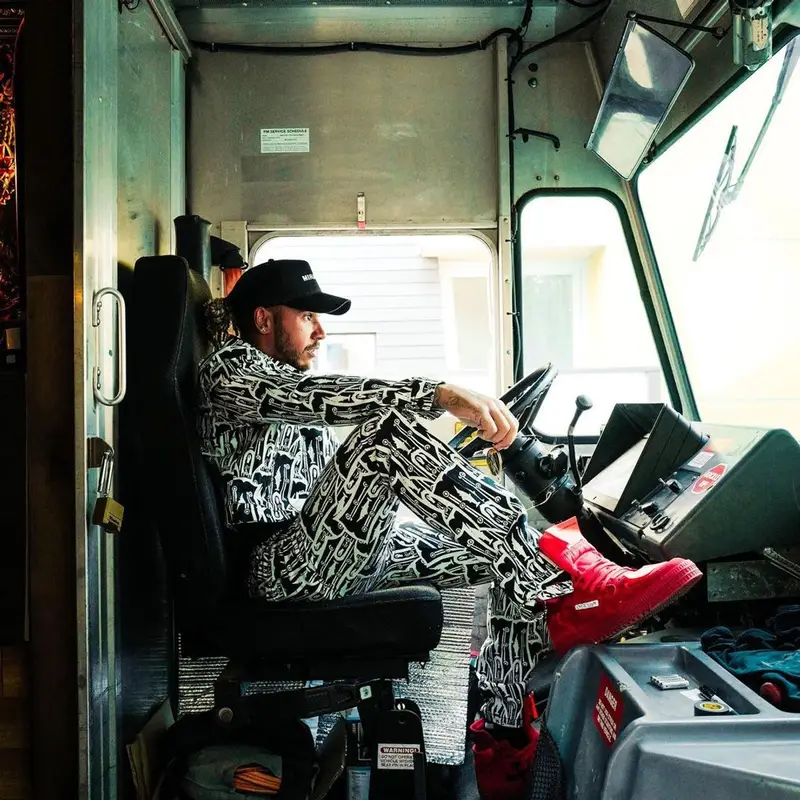 Lewis Hamilton outfit in Pyer Moss, Off-White, and Nahmias, 2021