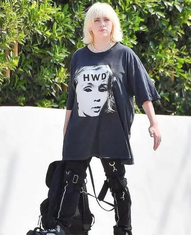 Billie Eilish outfit in Halfway Dead, Tripp NYC, and Jordan, 2021