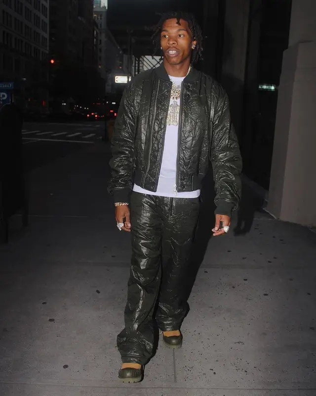 Lil Baby outfit in Dries Van Noten, Timberland, and Bee Line, 2021