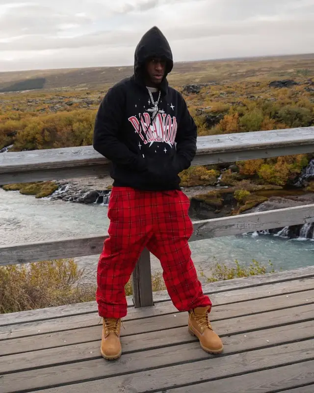 Bloody Osiris outfit in Paranoid, Coach, and Timberland, 2021