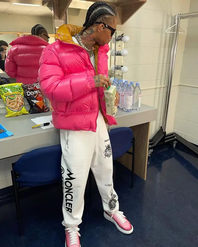 Swae Lee outfit in Moncler, Calvin Klein, and Alexander McQueen, 2021