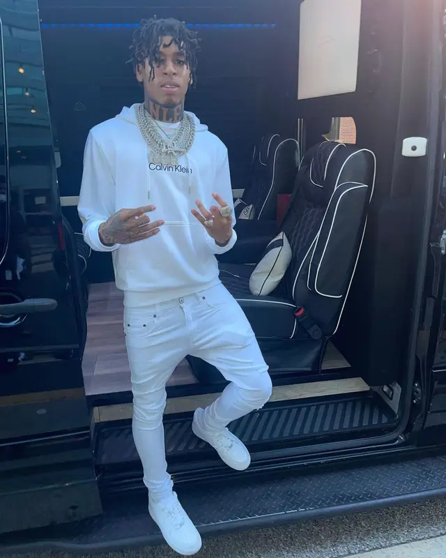 NLE Choppa outfit in Calvin Klein, Amiri, and Nike, 2021