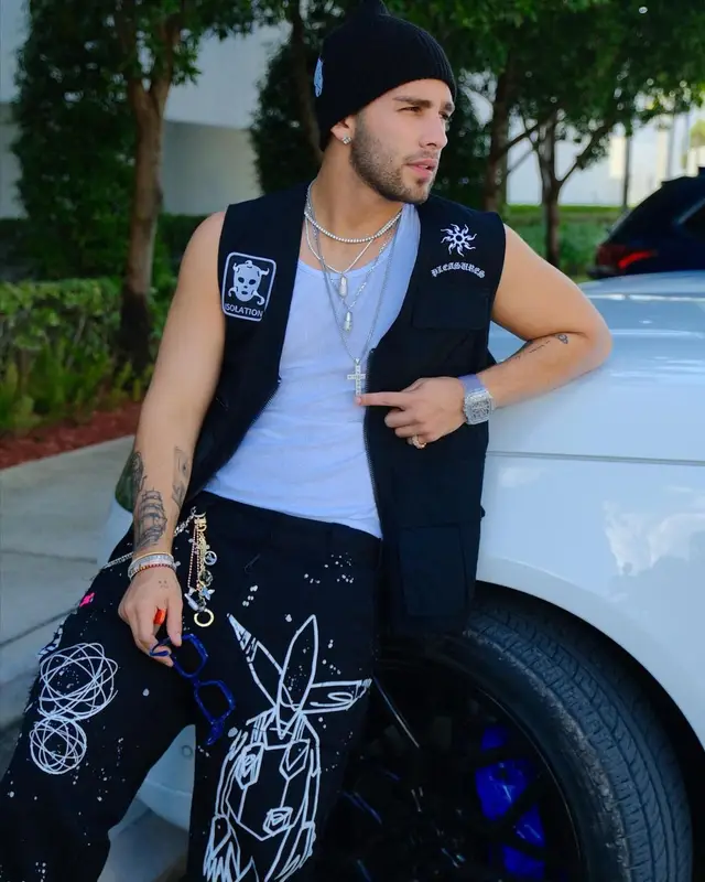 Manuel Turizo outfit in Pleasures, Louis Vuitton, and Ripndip, 2021