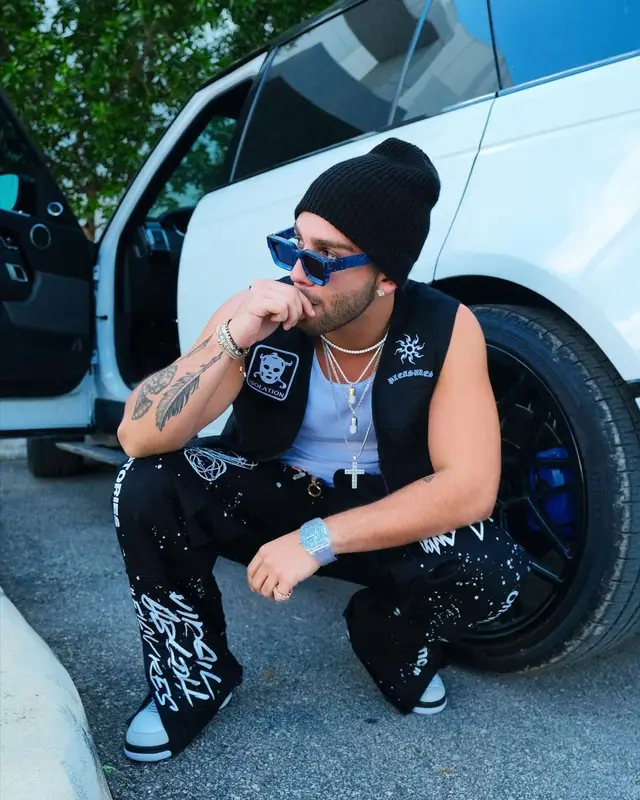 Manuel Turizo outfit in Pleasures, Louis Vuitton, and Ripndip, 2021
