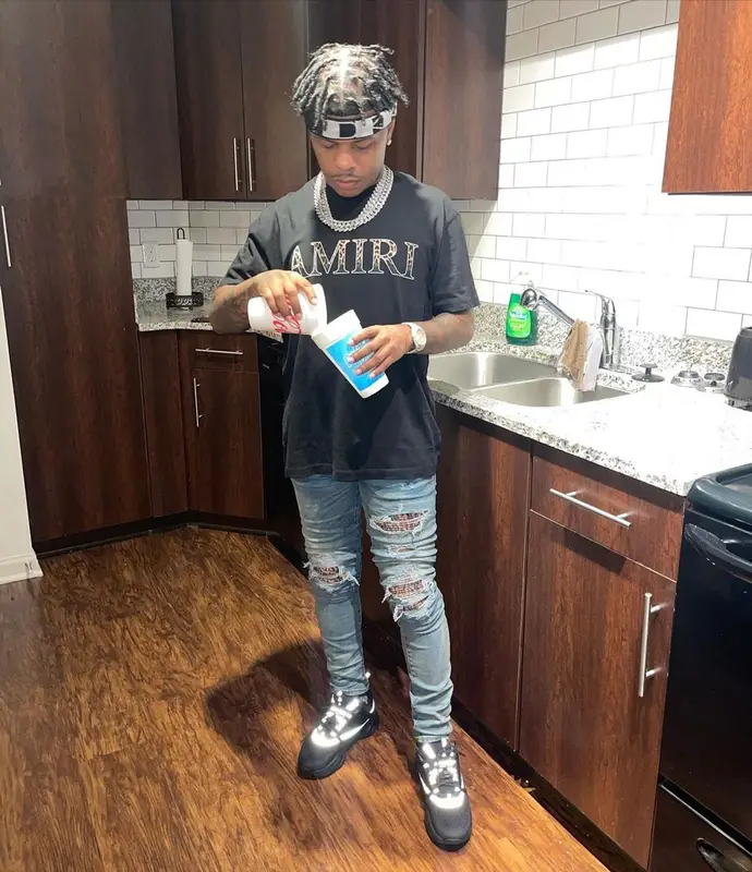 Rylo Rodriguez outfit in Amiri, Dior, and Rick Owens, 2021