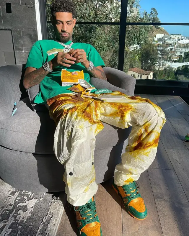 PnB Rock outfit in Palm Angels and Louis Vuitton, 2021