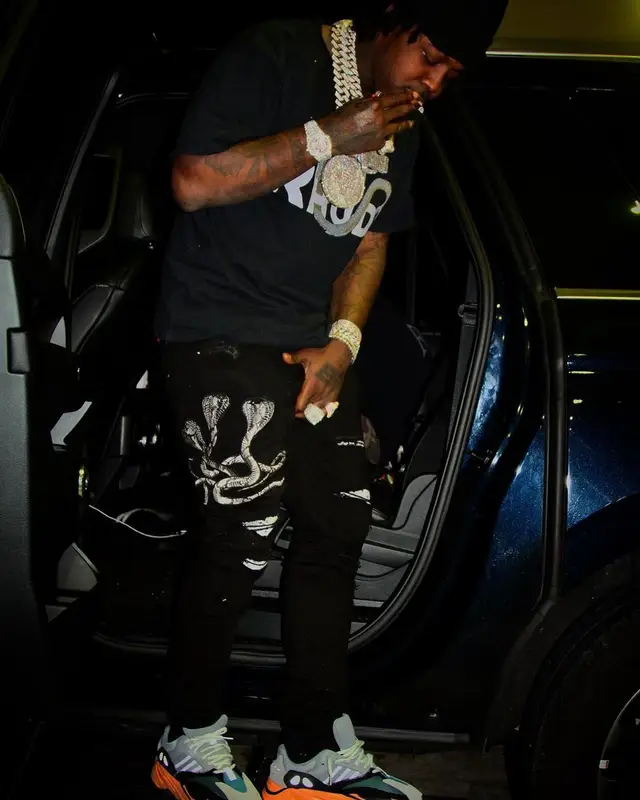 EST Gee outfit in Rhude, Amiri, and Adidas, 2021